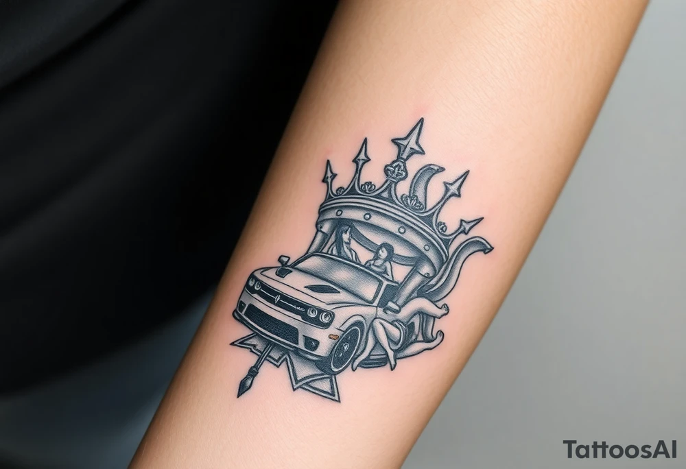 King crown with cars and girls and money tattoo idea