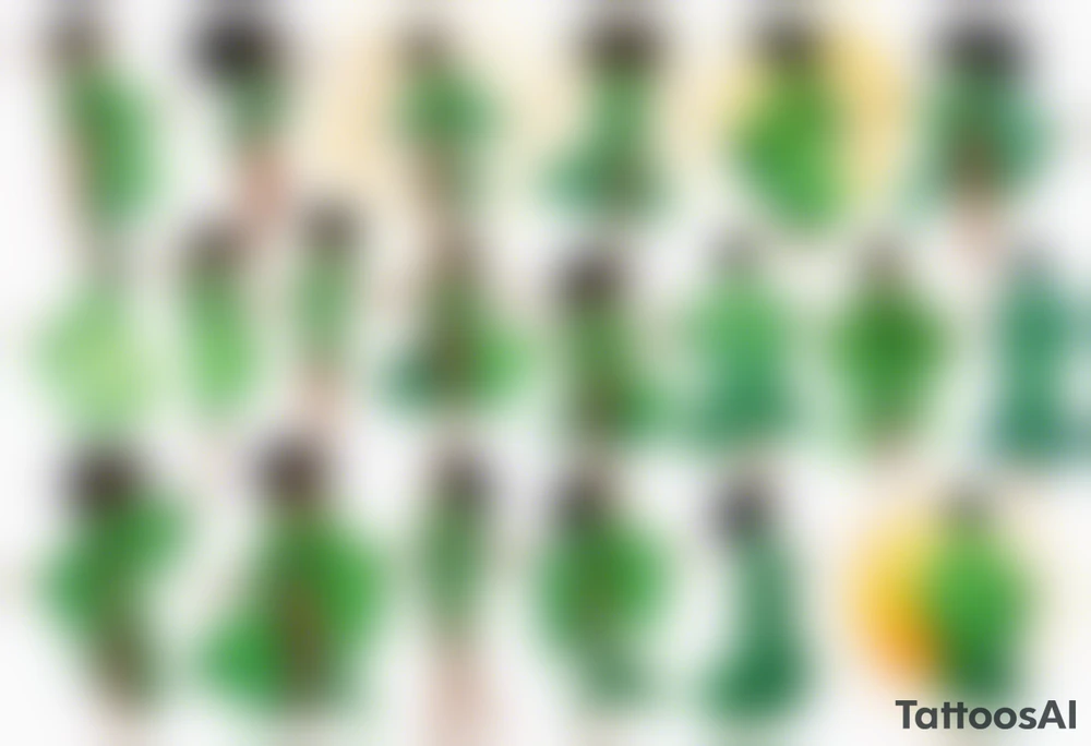 a beautiful black woman with legs that turn into tree roots, wearing a green robe, arms reaching up towards the sun blazing in the sky, leaves in her hair tattoo idea