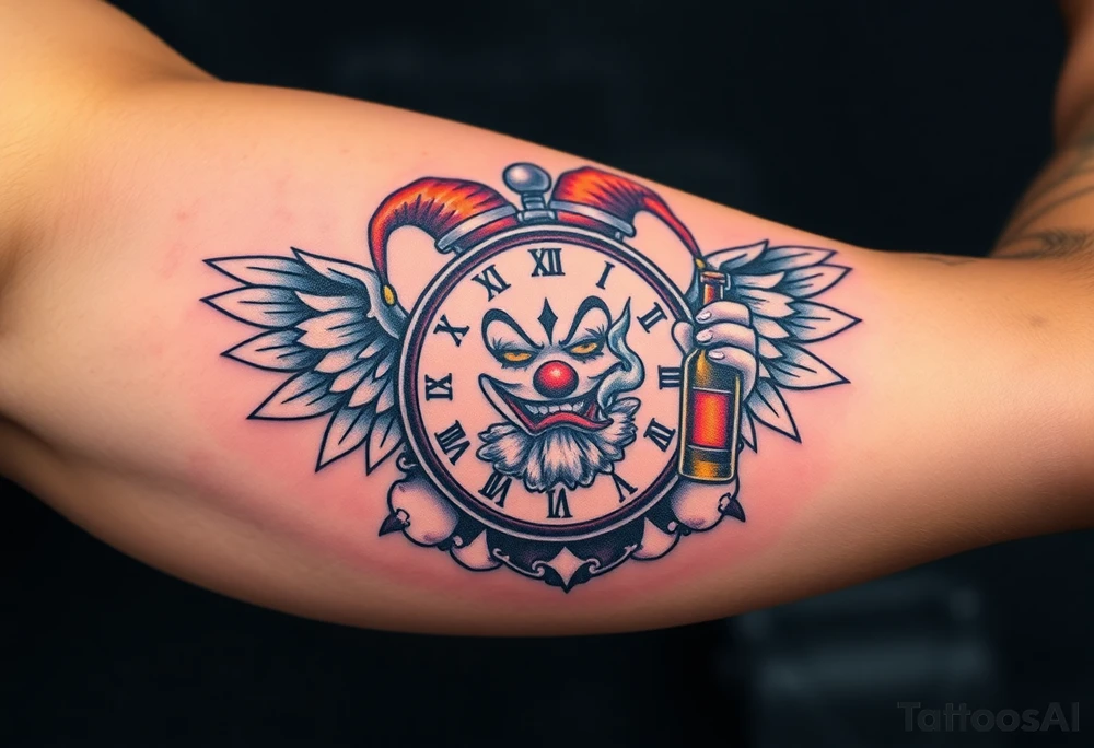 a jester clown floating in smoke with a  clock, the time says 420,  with two open wings besides the clock, smoke as the spring rising from the clock, a jester clown coming out the smoke, smoking in one hand with a liquor bottle on the other hand tattoo idea