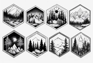 A hexagon with a coniferous forest extending beyond the boundary of the figure tattoo idea