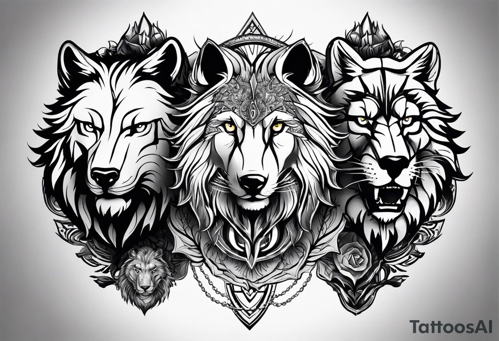 Tattoo a wolfs face on the left, a lions face in the middle and an eagle's face on the right tattoo idea