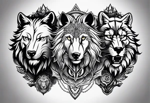 Tattoo a wolfs face on the left, a lions face in the middle and an eagle's face on the right tattoo idea