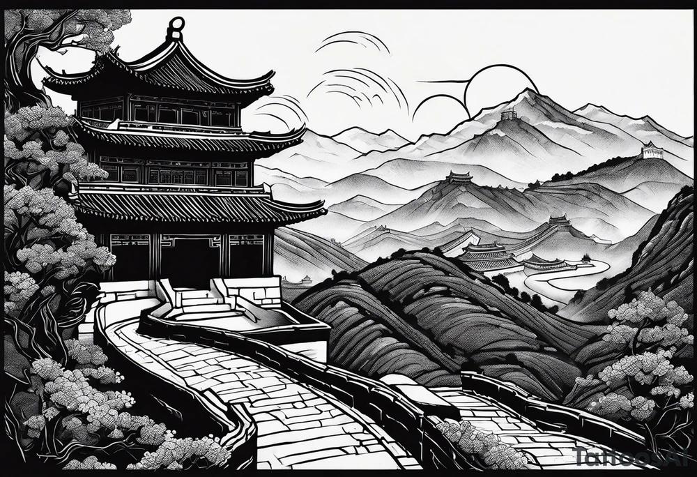 Rat behind Tiger and Snake on the great Wall of China with Temple tattoo idea