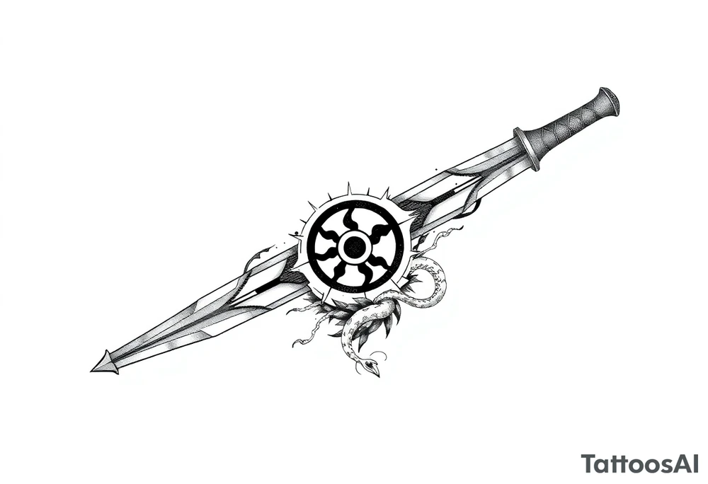 Kunai blade with crow, snake, Uchiha emblem and Akatsuki cloud from Naruto tattoo idea