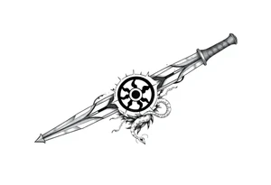 Kunai blade with crow, snake, Uchiha emblem and Akatsuki cloud from Naruto tattoo idea