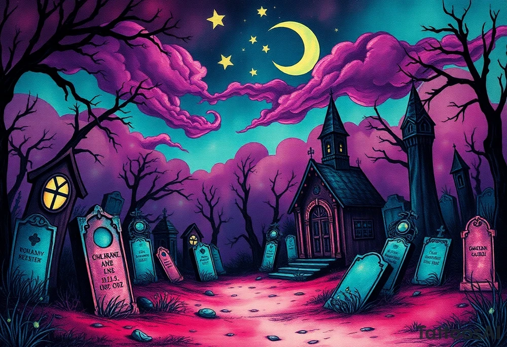 Tim Burton’s haunted victorian graveyard is abandoned and dripping with muted reds, dusty pinks, and eerie green glow.purple and cyan smokey clouds swirl in the crescent moonlit sky thats sprinkled with stars tattoo idea tattoo idea