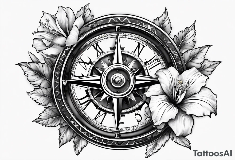 A Vintage compass and gears with gladiolus. tattoo idea