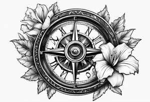 A Vintage compass and gears with gladiolus. tattoo idea