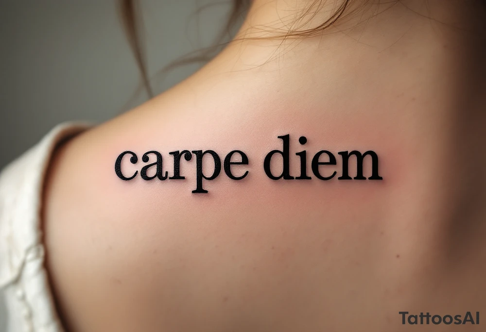 Typewriter-style black font "carpe diem" with a faint sepia-toned compass in the background. tattoo idea