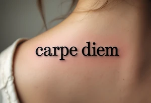 Typewriter-style black font "carpe diem" with a faint sepia-toned compass in the background. tattoo idea