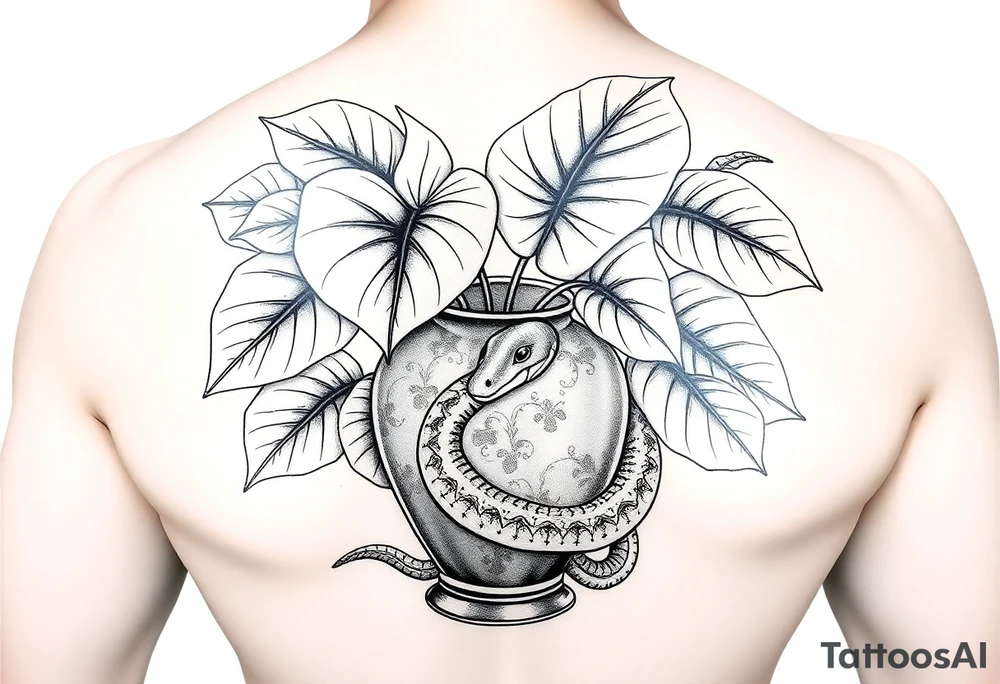 Large Decorative ornamental
 vase with large philodendron leaves with a snake wrapped around showing the head of the  snake with everything in color tattoo idea