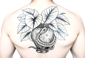 Large Decorative ornamental
 vase with large philodendron leaves with a snake wrapped around showing the head of the  snake with everything in color tattoo idea