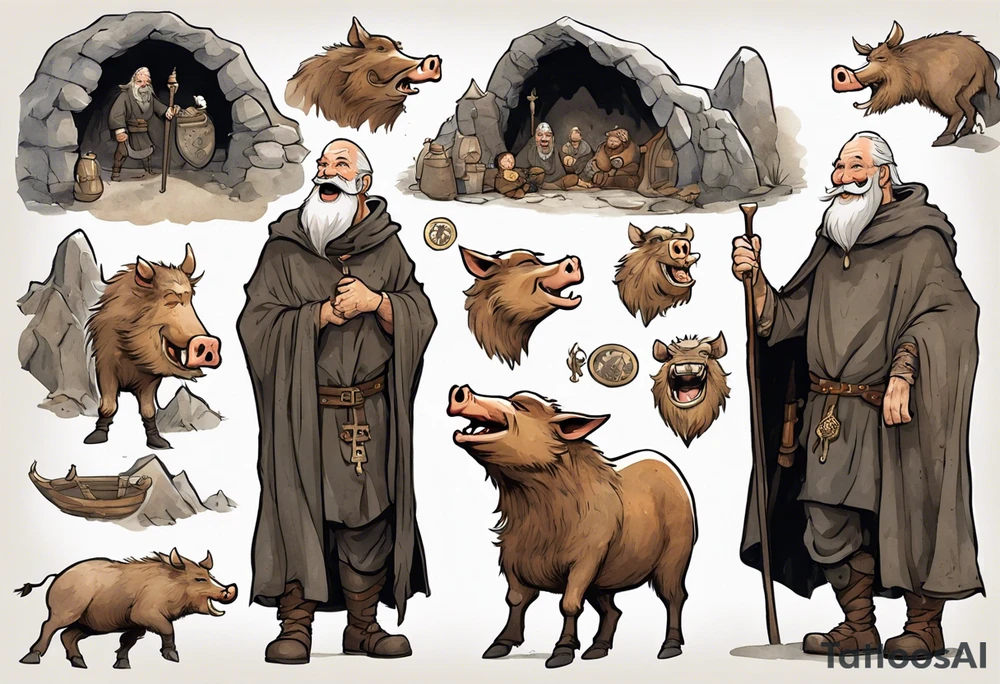 a 55-year-old medieval Nordic man with a grey beard laughing with a gold tooth wearing a brown and black cloak standing next to a boar in front of a cave tattoo idea