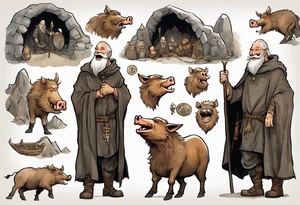a 55-year-old medieval Nordic man with a grey beard laughing with a gold tooth wearing a brown and black cloak standing next to a boar in front of a cave tattoo idea