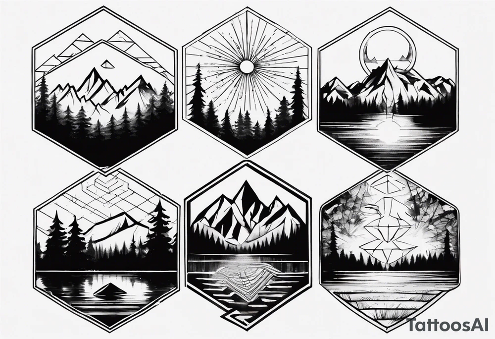 Several connected hexagons, within which is a mountain in the background on the right, a sun on the left, a coniferous forest in the foreground and a lake on the bottom tattoo idea