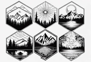 Several connected hexagons, within which is a mountain in the background on the right, a sun on the left, a coniferous forest in the foreground and a lake on the bottom tattoo idea