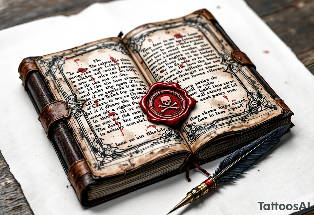 The Captain’s Oath – A leather-bound, salt-stained book, opened to a page covered in inked pirate code, sealed with a blood-red wax stamp bearing a Jolly Roger. A weathered quill pen rests beside it, representing a pirate’s final words. tattoo idea