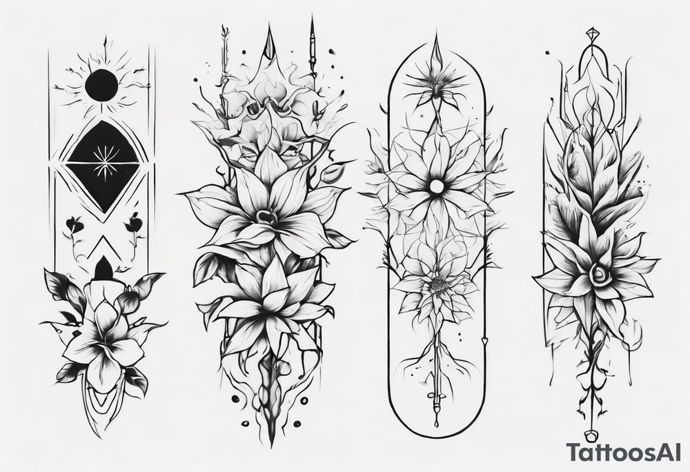 Design a vertical tattoo where shapes and lines, excluding flowers, represent various stages of my life, reflecting the evolution of my character and perception. Ensure it suits the placement on the back of the forearm. tattoo idea