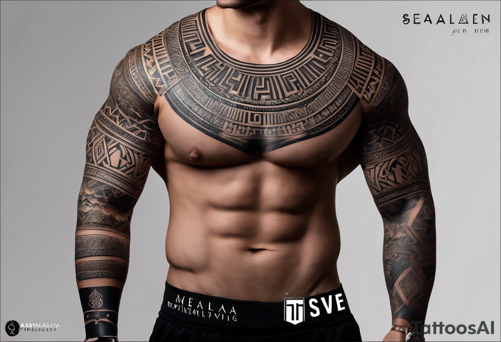 A full tattoo sleeve inspired by Greek mythology, designed with a strong, masculine aesthetic and dark shading to create bold contrasts. The sleeve features a central theme of ancient Greek symbols and deities, intricately woven together with a sense of power and order. The design incorporates an ordered mandala effect, with geometric patterns that add a sense of structure and balance, blending seamlessly with the mythological elements. Key figures like a fierce warrior, perhaps a Spartan or a gladiator, are depicted in dynamic poses, showcasing strength and bravery. Surrounding these figures, include elements like a laurel wreath, the eye of a Greek god, or a shield and spear, all rendered in dark, intense shading to highlight their significance. The mandala patterns serve as a backdrop, providing a structured, almost architectural feel that contrasts with the organic forms of the mythological characters. The overall look is dark, powerful, and deeply symbolic, capturing the essence of ancient Greek heroism and mythology in a way that resonates with a strong, masculine energy tattoo idea