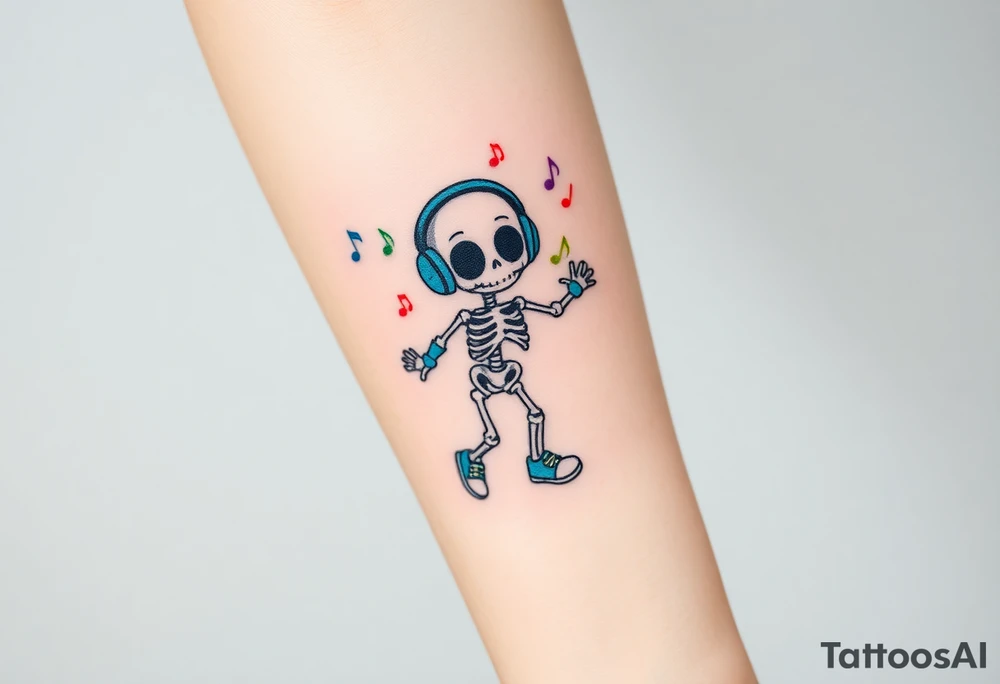 Cute skeleton with dreamy eyes jumping rope with blue headphones blue armbands blue sneakers and colorful  music notes around his head tattoo idea