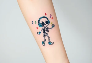 Cute skeleton with dreamy eyes jumping rope with blue headphones blue armbands blue sneakers and colorful  music notes around his head tattoo idea
