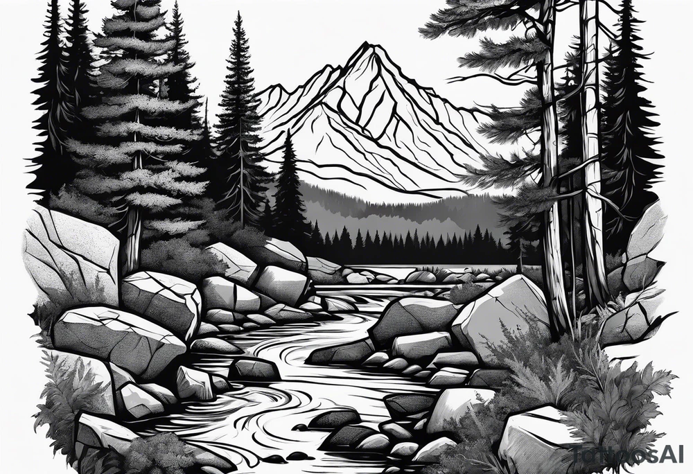 forrest 
river running through rocks and mountains 
open tattoo idea