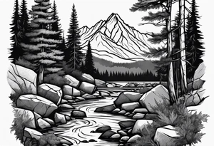 forrest 
river running through rocks and mountains 
open tattoo idea