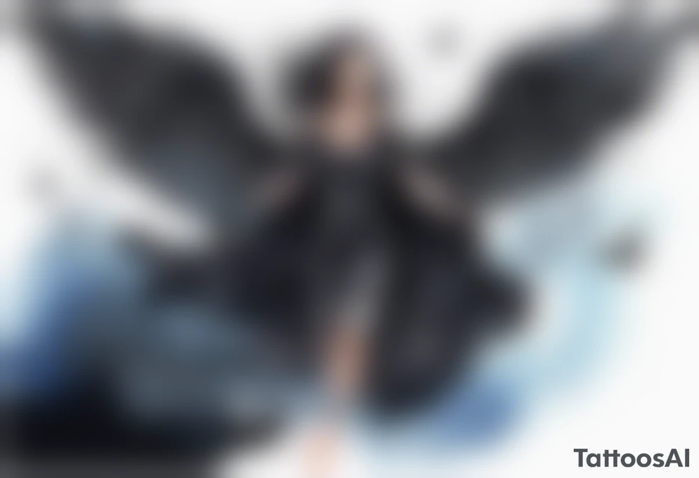 a beautiful 45 year old woman flying in the night sky with black wings, wearing a black cloak and gloves, bare feet tattoo idea