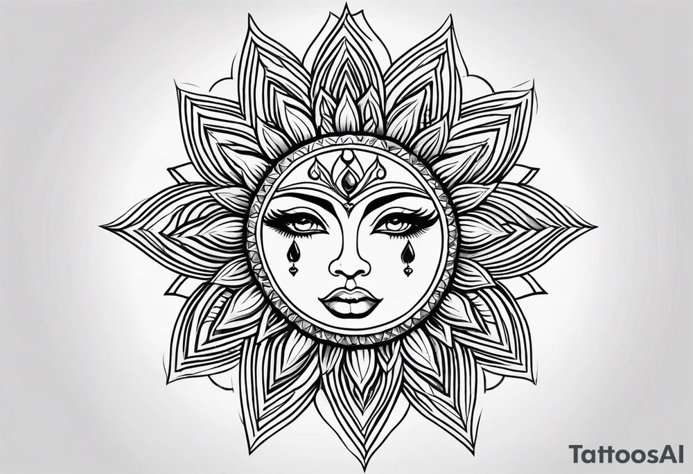 Small Traditional sun with feminine eyes and lips shading around edges tattoo idea
