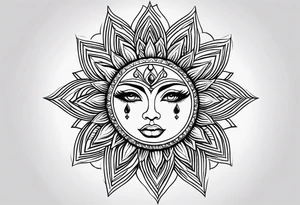 Small Traditional sun with feminine eyes and lips shading around edges tattoo idea