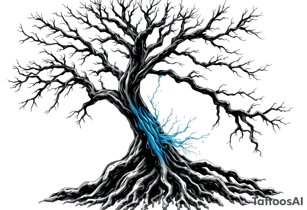 Black and white Tree with roots. Blue water inside the whole tree like many thin veins tattoo idea