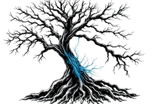 Black and white Tree with roots. Blue water inside the whole tree like many thin veins tattoo idea