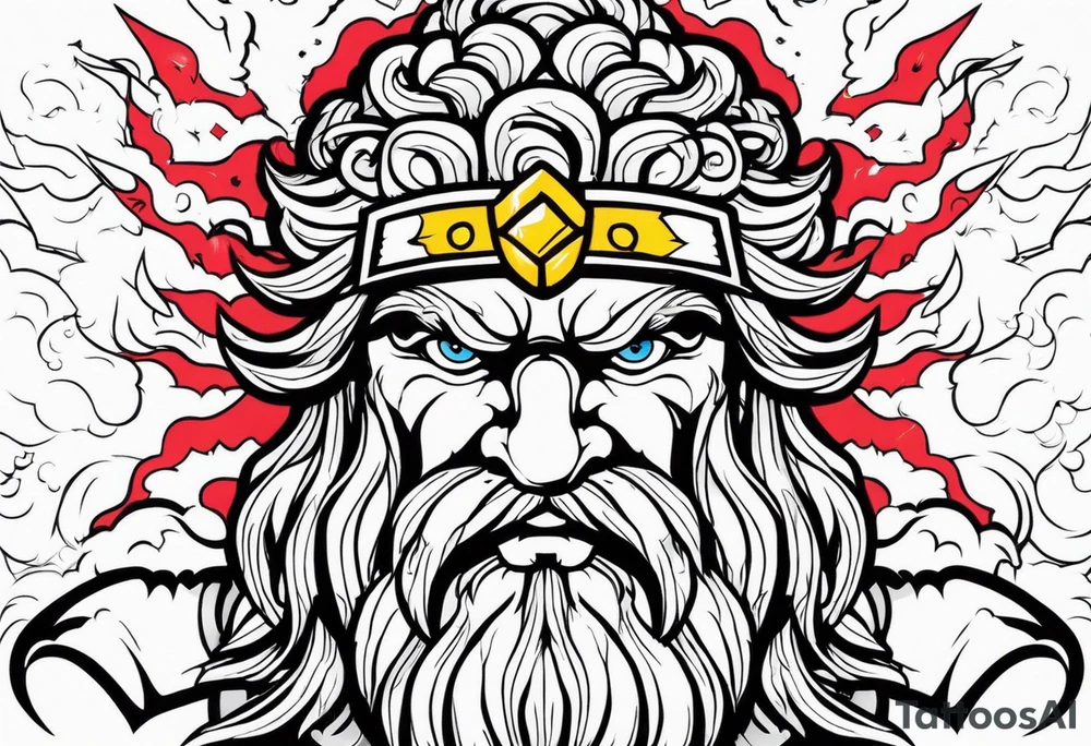 The enraged god Zeus the Thunderer with lightning bolts in a furious tattoo idea