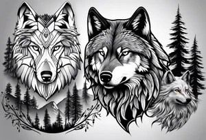 Hawk and a Wolf, Nature Scenery, and names Grayson, Bennett, Layden, Xavian, Amelia, Braxton tattoo idea