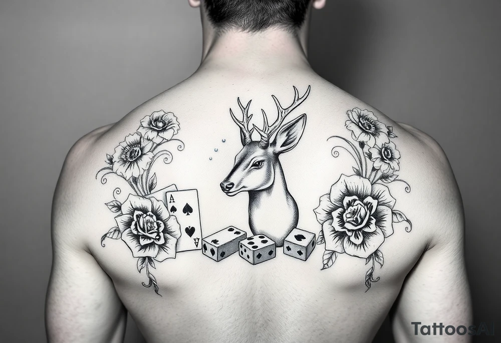 Casino theme with deer cards, dice poker, chips, and flowers and swirls in the background tattoo idea