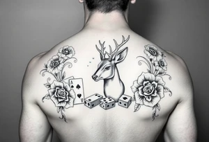 Casino theme with deer cards, dice poker, chips, and flowers and swirls in the background tattoo idea