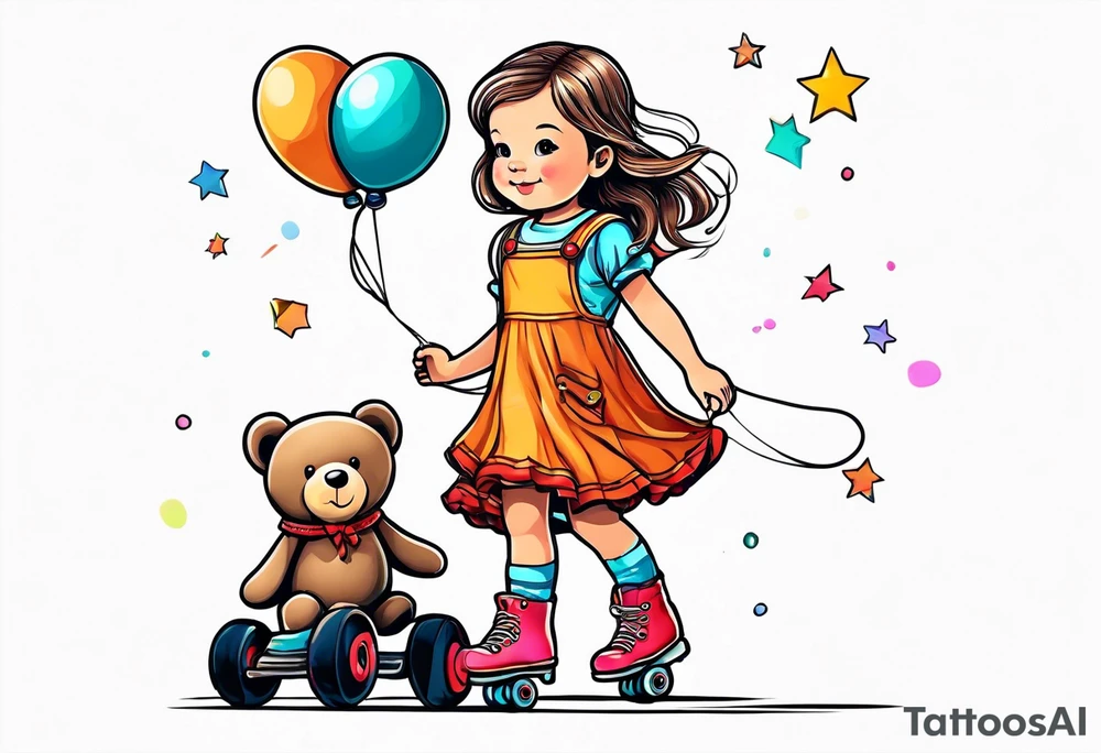 a little girl in a dress standing with a teddy bear in roller skates, flying a kite tattoo idea