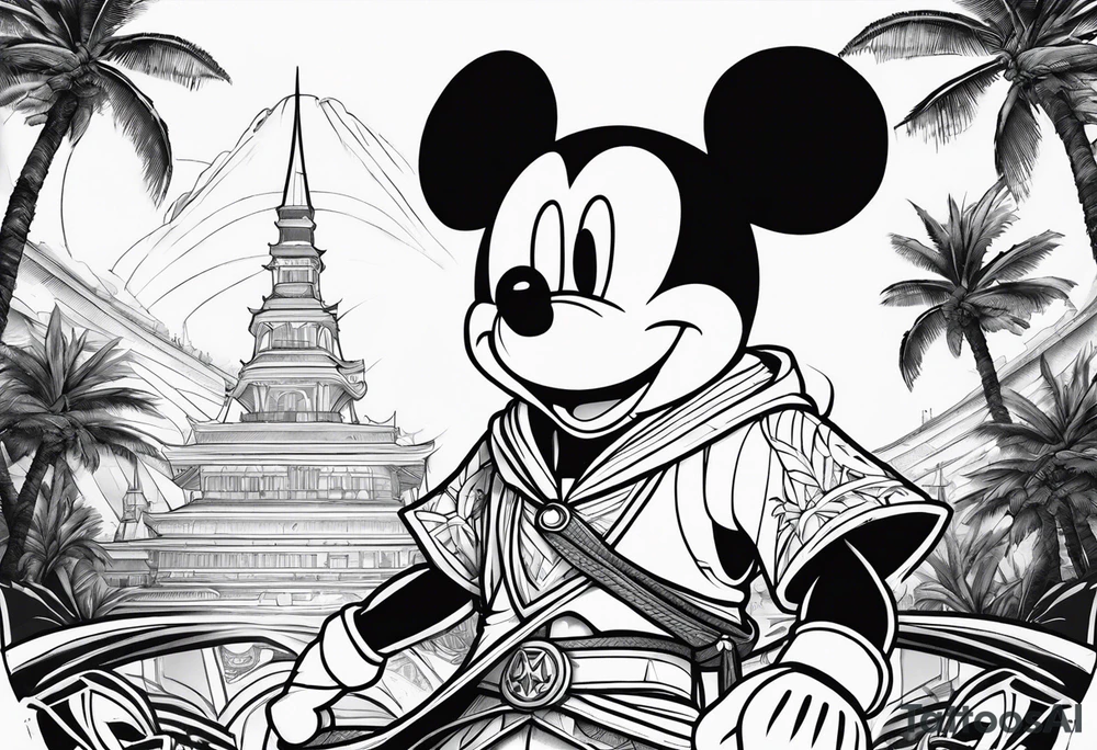 mickey mouse assassins creed character that is in the style of tron with palm trees tattoo idea