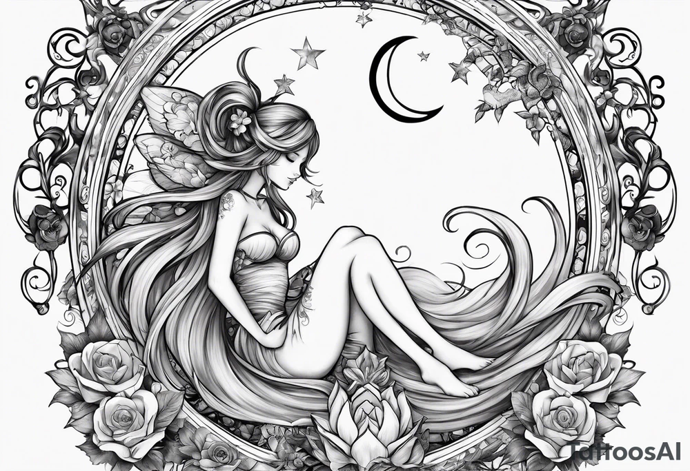 No color fairy with a tail inspired by the logo of the anime show called Fairy Tail in a fetal position leaning in and forward while sleeping tattoo idea
