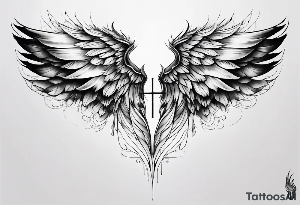 Realistic wings with an upside down cross between the wings tattoo idea Realistic wings with an upside down cross between the wings tattoo idea