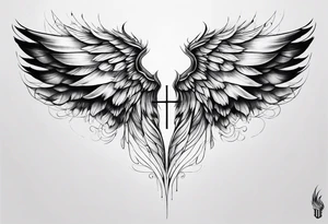 Realistic wings with an upside down cross between the wings tattoo idea