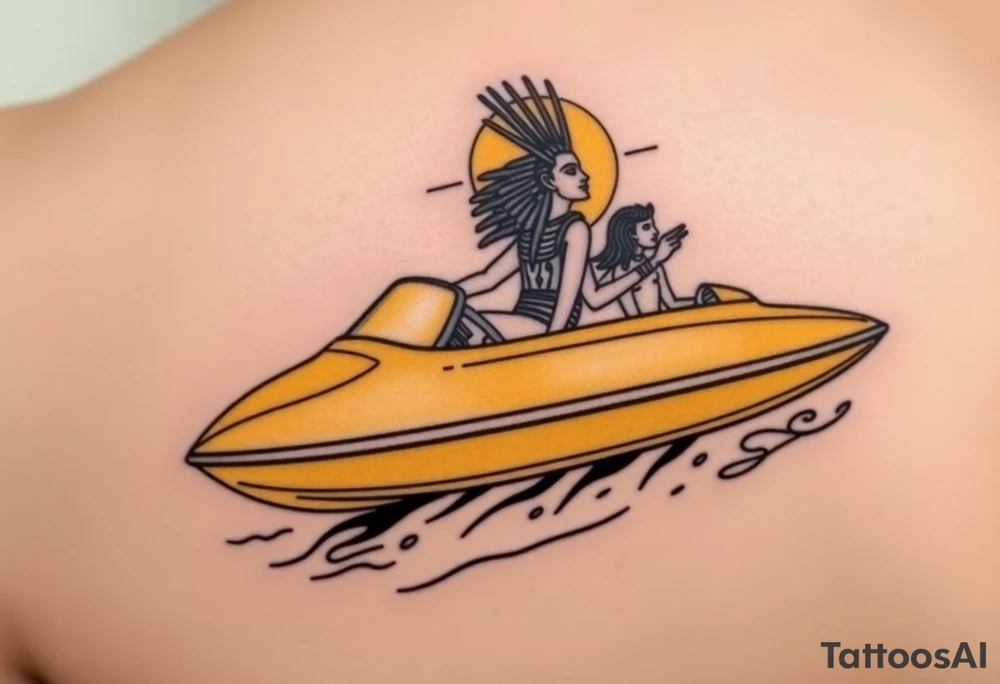 "Anubis driving a yellow Uber-styled solar barge.  
Passengers:  
- Голый Пикассо (из «Ампир V»)  
- Алиса (с табличкой 'Аид – 5★')  
Meter reads: *'SOUL: 4.8 rating (would not reincarnate)'*.  

Style: Urban hieroglyph. Black/yellow. Calf." tattoo idea