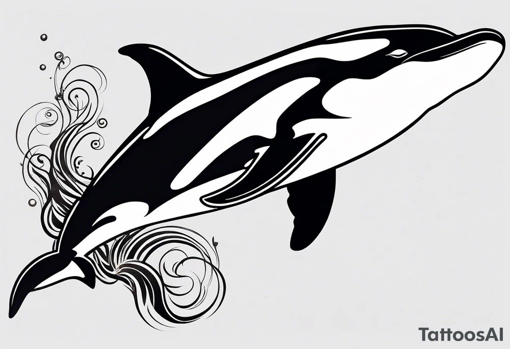 transient orca, Japanese realism, simplistic, shaded high contrast, flowing, kelp highlights tattoo idea