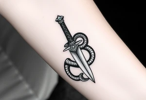 mystical snake coiled around an ancient dagger with jeweled hilt tattoo idea