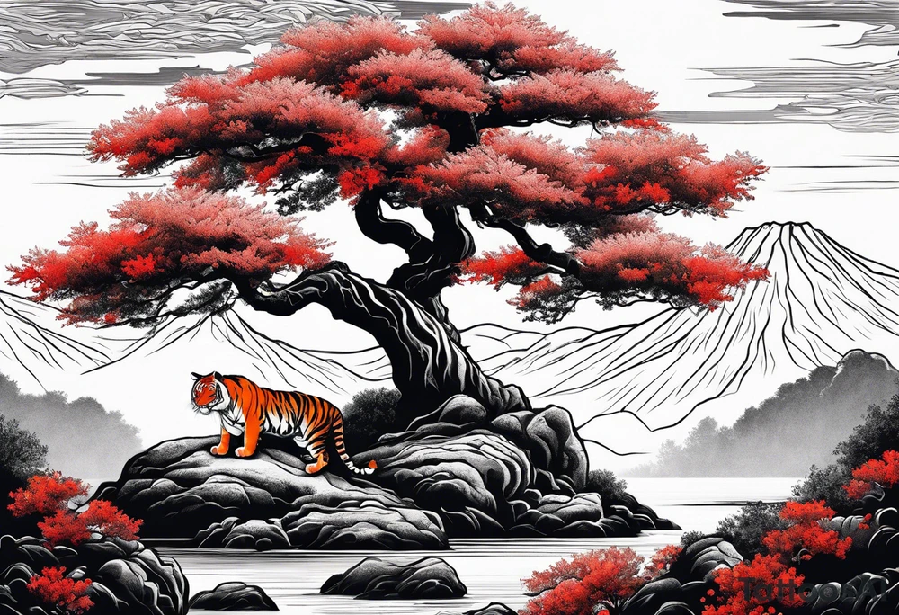 Red japanese oak tree next to a river with a tiger sitting next to it as a sleeve tattoo idea