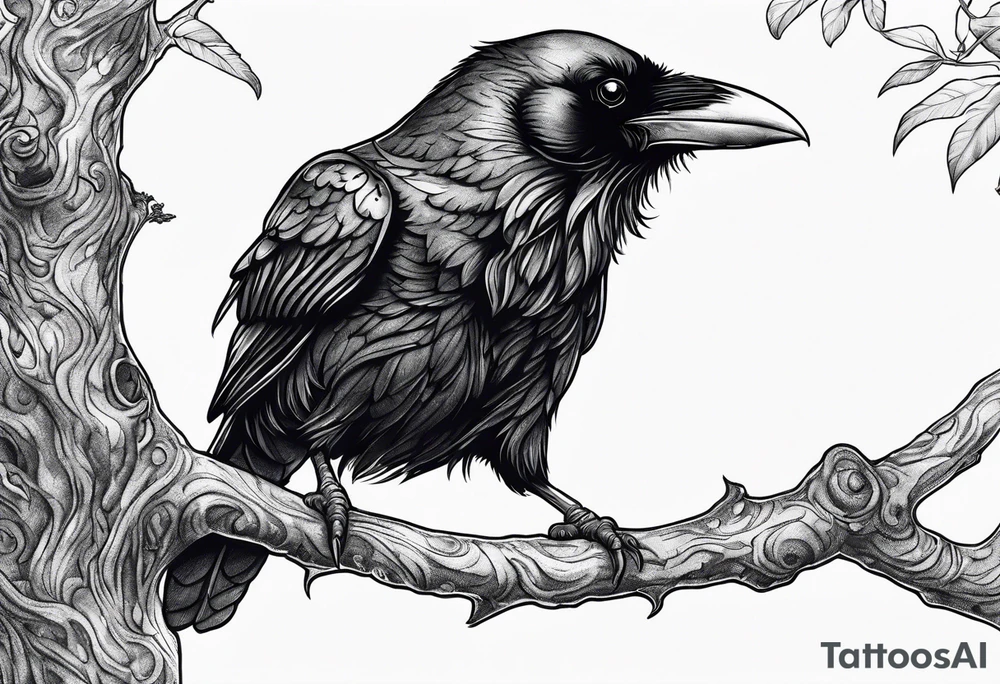 Evil Raven standing  on a tree branch tattoo idea