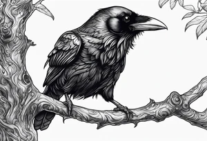 Evil Raven standing  on a tree branch tattoo idea