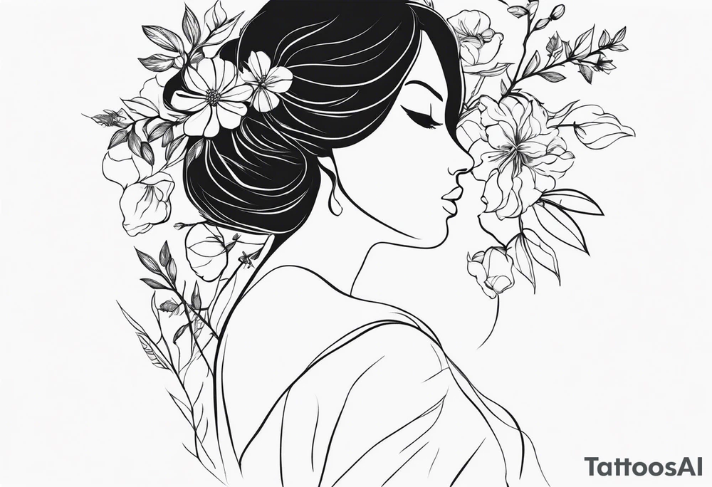 femenin silouette, fire and flowers, feminist tattoo, strong but really delicate, fine lines. No face, silouette. Minimalistic, silouette only, fine lines, no face tattoo idea