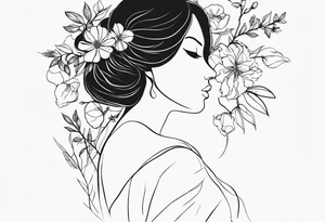 femenin silouette, fire and flowers, feminist tattoo, strong but really delicate, fine lines. No face, silouette. Minimalistic, silouette only, fine lines, no face tattoo idea