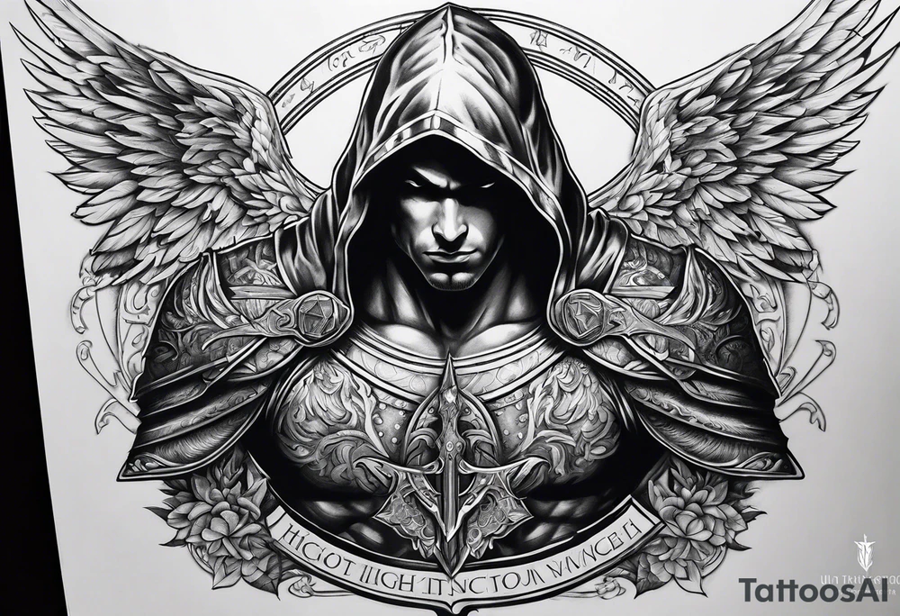 Arch angel hood fighting sword male tattoo idea